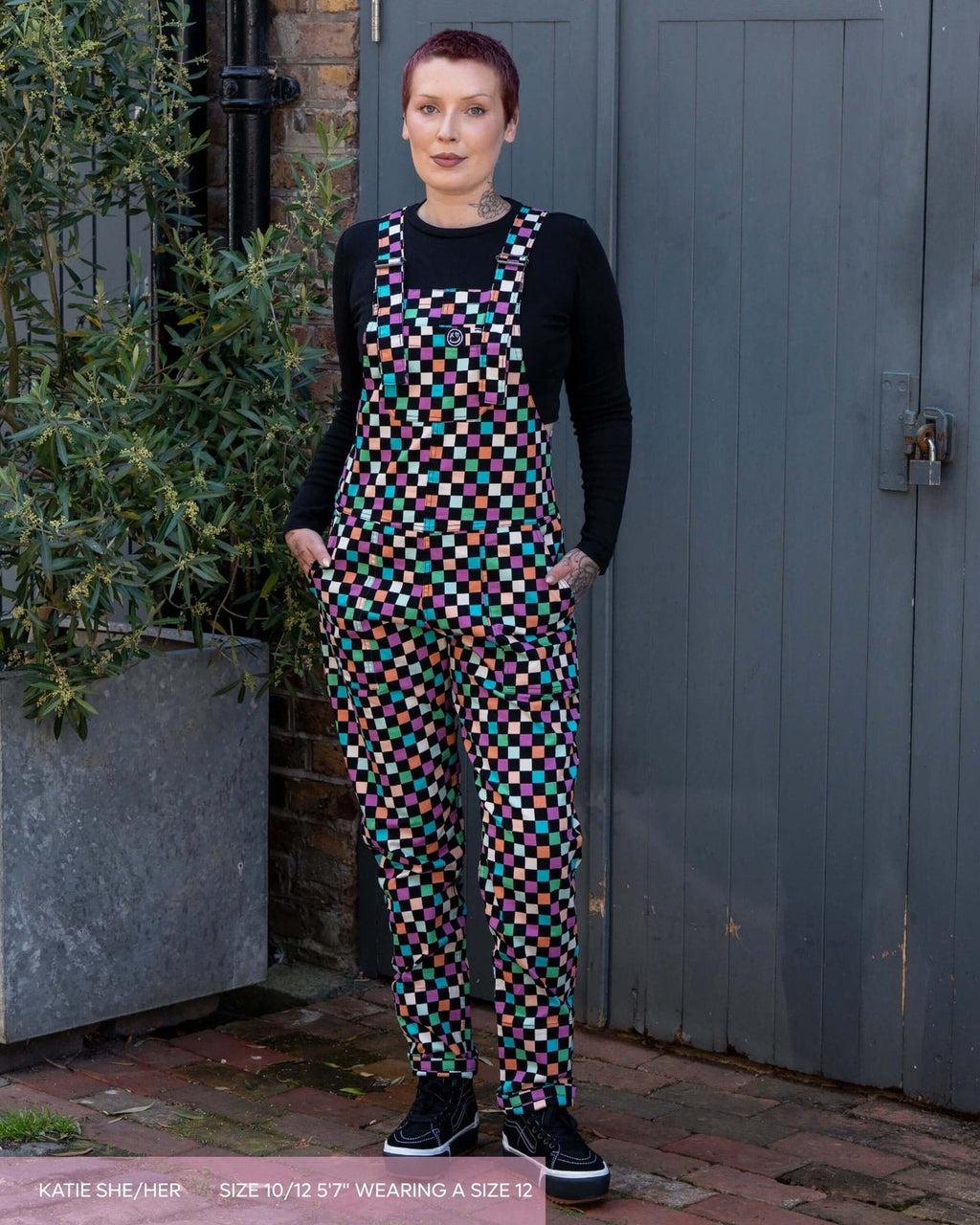 Checkerboard Print Stretch Cotton Dungarees by Rebel Romance