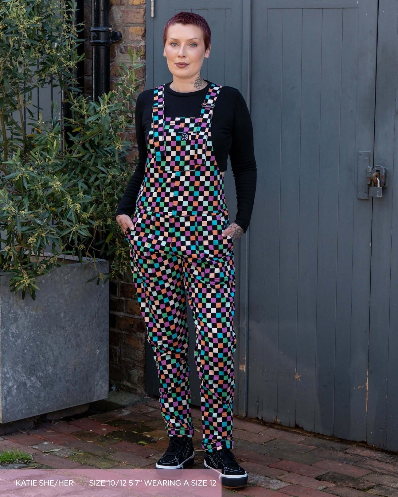 Checkerboard Print Stretch Cotton Dungarees by Rebel Romance