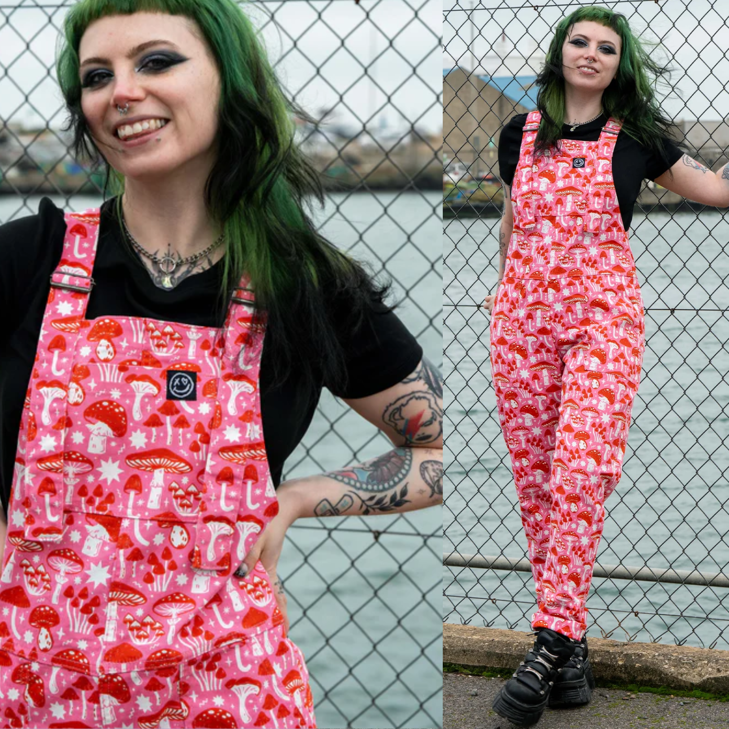 Mushrooms Stretch Cotton Dungarees by Rebel Romance