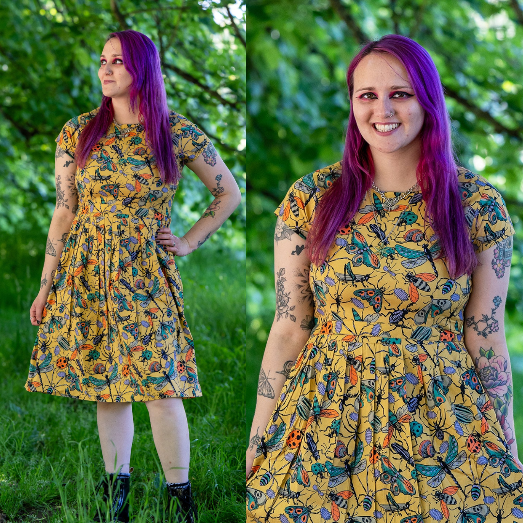 Mustard Beasties Print Cotton Tea Dress with Pockets by Run and Fly