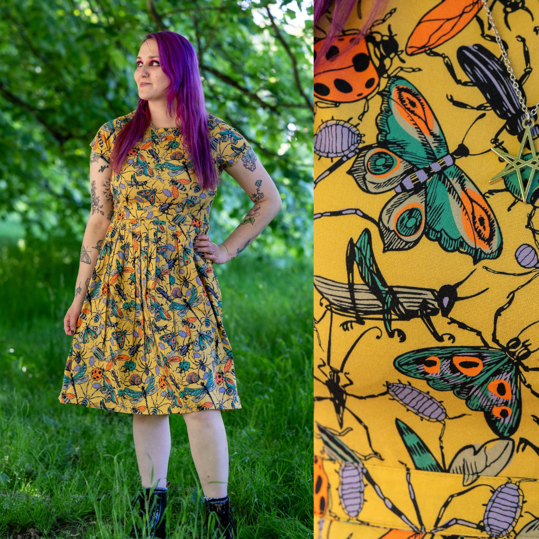 Mustard Beasties Print Cotton Tea Dress with Pockets by Run and Fly