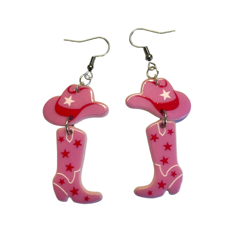 Pink Cowboy Hat and Boots Earrings