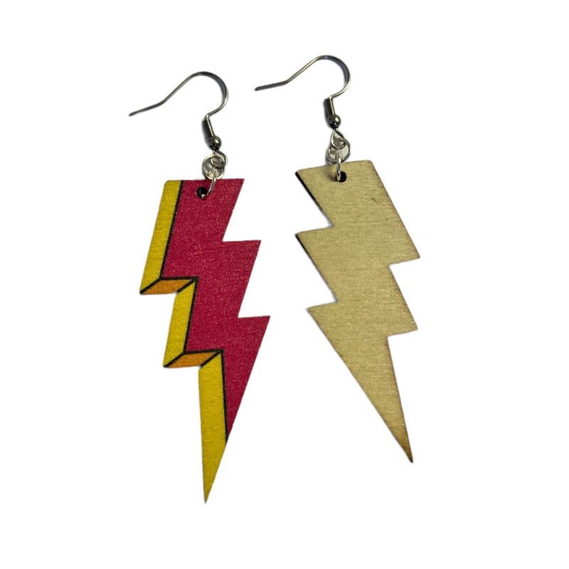 Pink Wooden Lightning Bolt Earrings