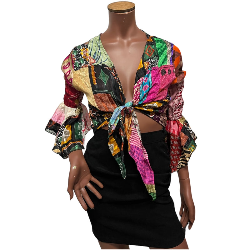 Silky Patchwork Tie Front Wrap Top