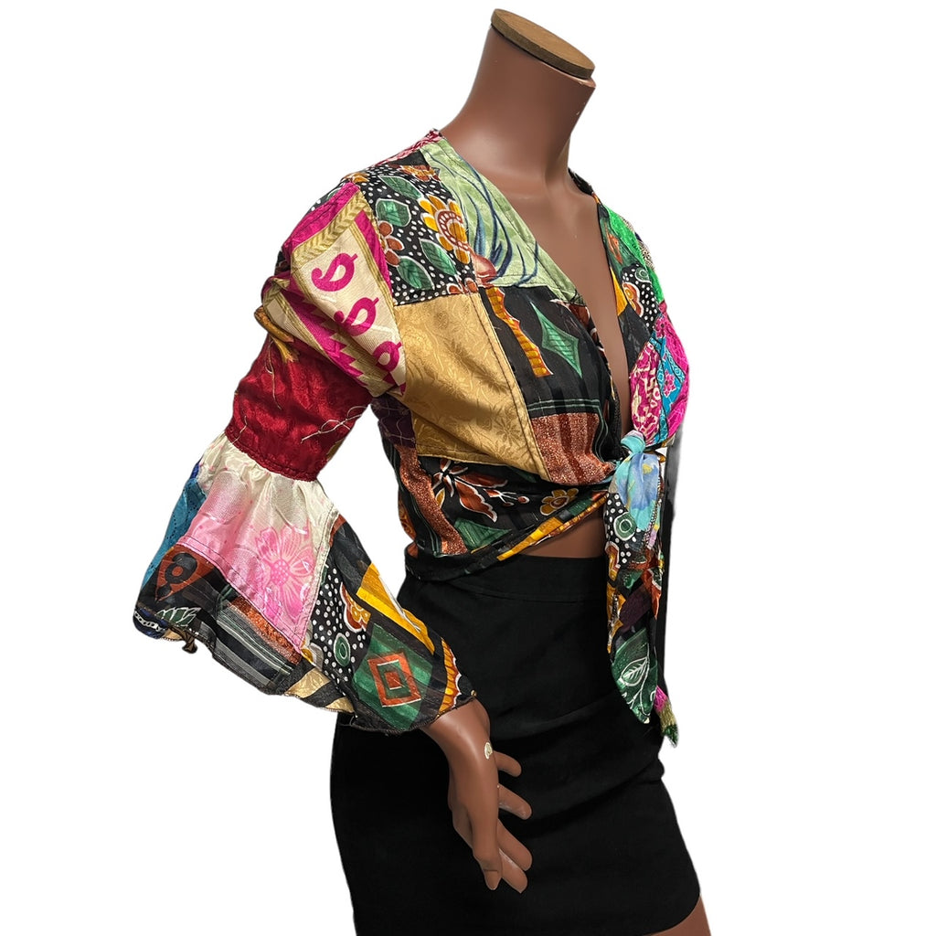 Silky Patchwork Tie Front Wrap Top
