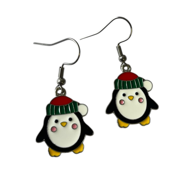 Christmas Penguin in Santa Hat Earrings
