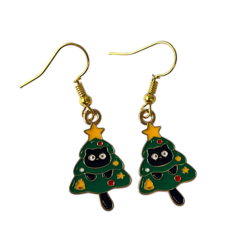Christmas Cat in Christmas Tree Earrings