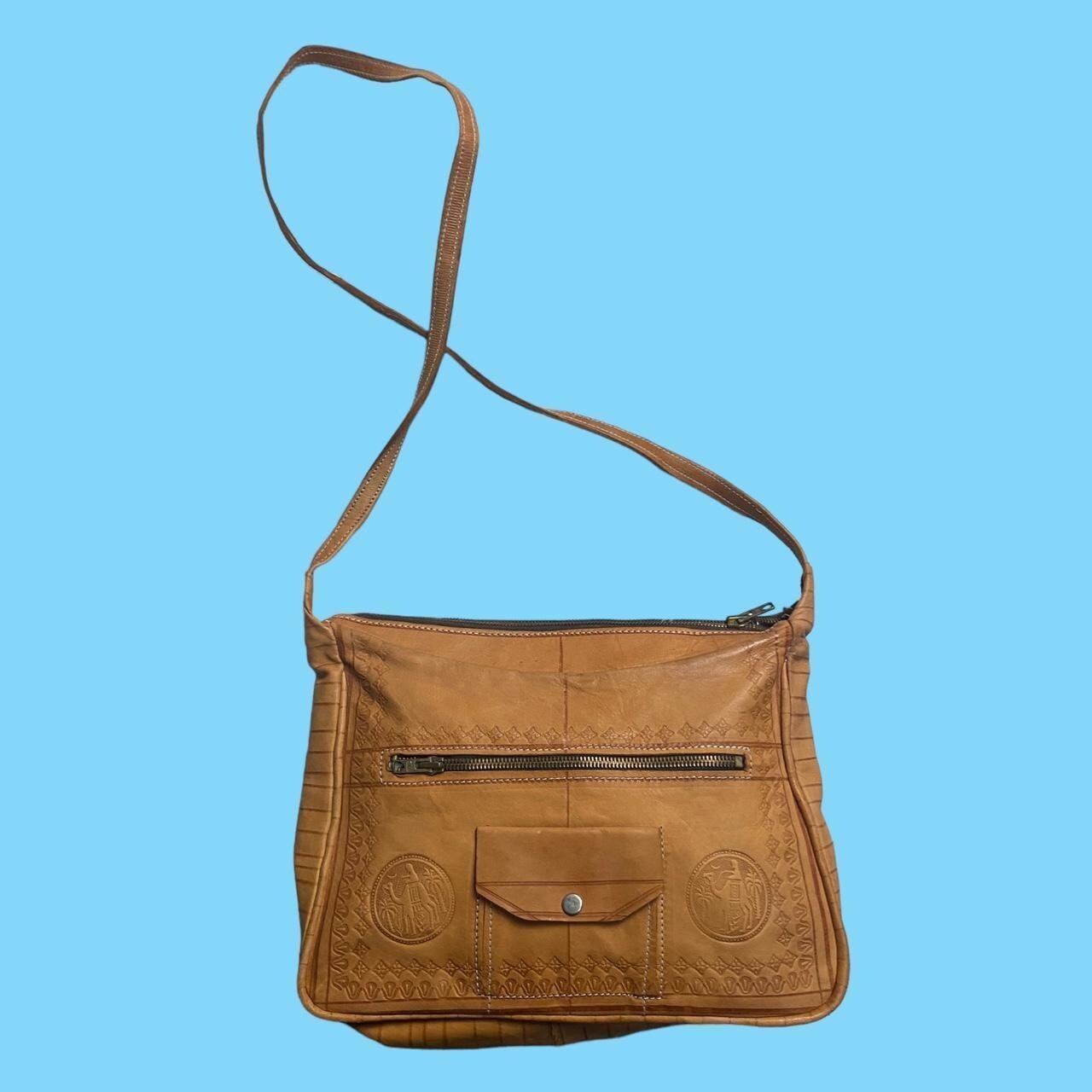 Vintage 70's Tooled Leather Handbag Brown Tan Hippy Boho Retro Camel