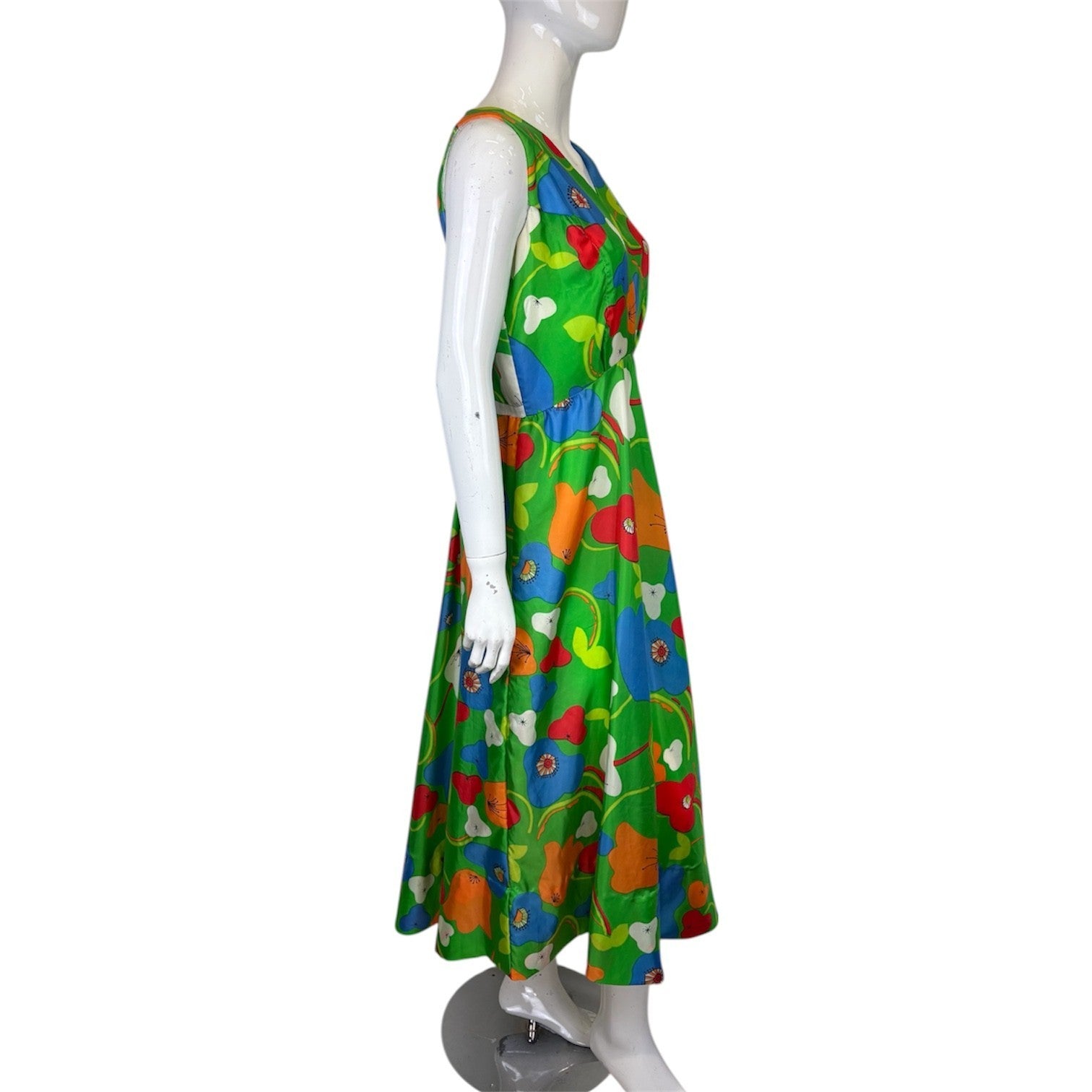 Vintage 60's 70's Midi Dress 8 Green Pear Print Groovy Psych Tropical Party