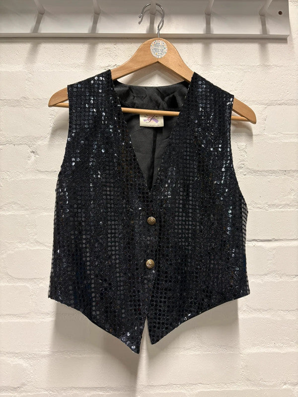 Vintage 80’s Sequin Waistcoat 10-12 Black Retro Glam Party
