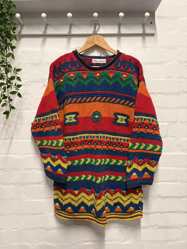 Vintage 90's Jumper L Rainbow Colours Bright Zigzag Pattern Crazy