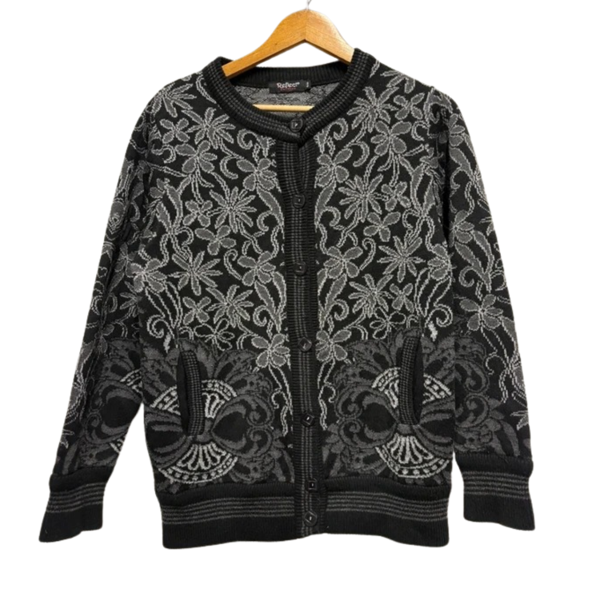 Vintage 80’s Cardigan S/M Black Grey Pattern Retro Alt Goth Cosy