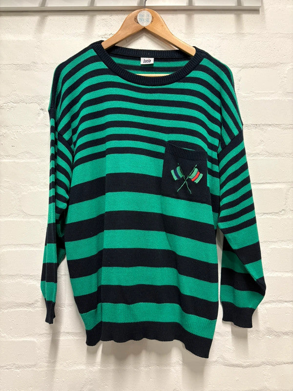 Vintage 80’s Stripy Jumper L 16 Striped Green Blue Retro