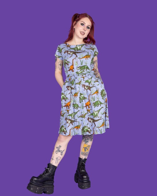 Jurassic Adventure Dinosaur Cotton Tea Dress with Pockets by Run and Fly