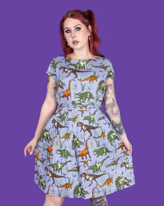 Jurassic Adventure Dinosaur Cotton Tea Dress with Pockets by Run and Fly