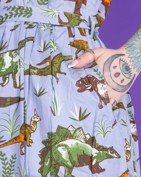 Jurassic Adventure Dinosaur Cotton Tea Dress with Pockets by Run and Fly