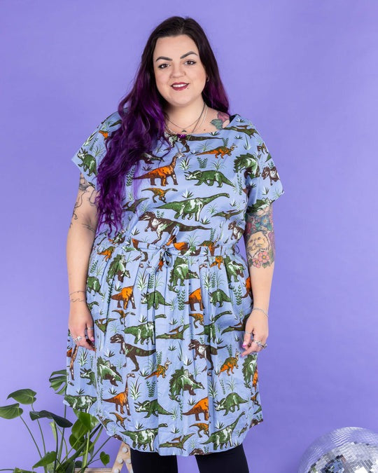Jurassic Adventure Dinosaur Cotton Tea Dress with Pockets by Run and Fly
