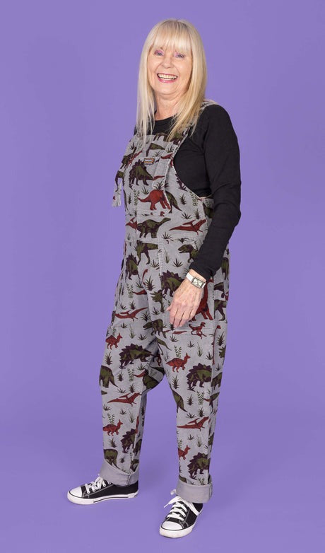 Grey Adventure Dinosaur Stretch Corduroy Dungarees by Run and Fly