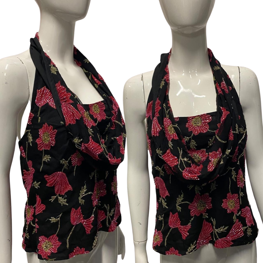 Vintage 90's 50's Style Black Pink Floral Sequin Top L/XL 14-16 Halterneck