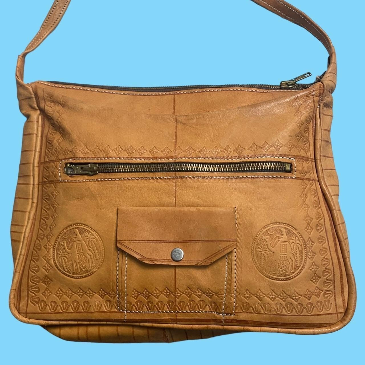 Vintage 70's Tooled Leather Handbag Brown Tan Hippy Boho Retro Camel
