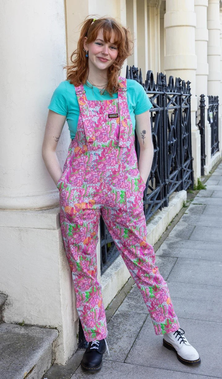 Axolotl Print Stretch Twill Cotton Dungarees by Run and Fly X The Mushroom Babes