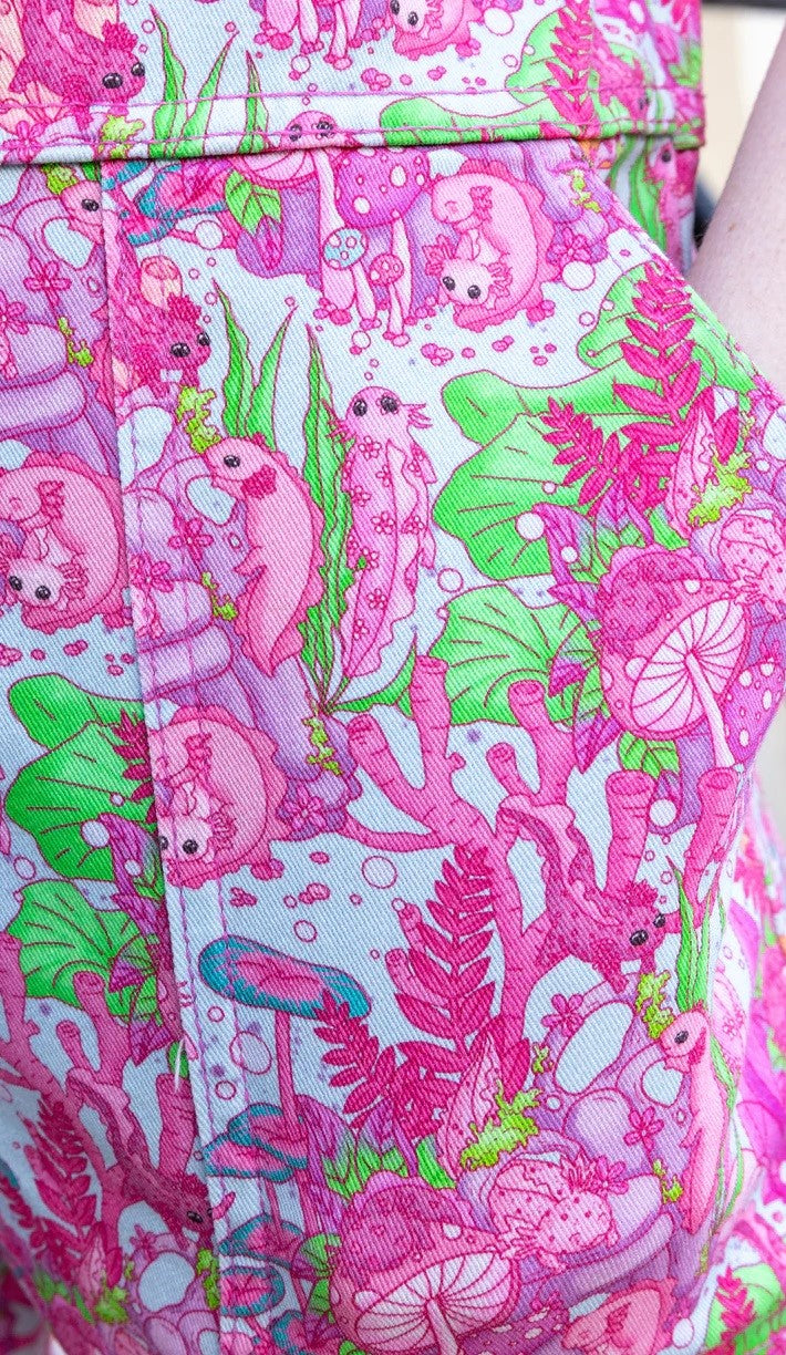 Axolotl Print Stretch Twill Cotton Dungarees by Run and Fly X The Mushroom Babes