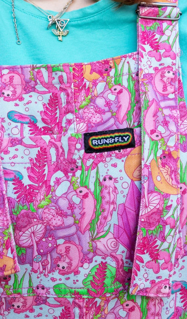 Axolotl Print Stretch Twill Cotton Dungarees by Run and Fly X The Mushroom Babes