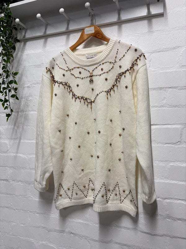 Vintage 80’s Jumper Cream Beaded 14 16 L Aran Style Cottagecore Retro True