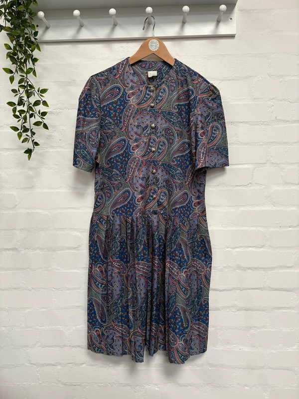 Vintage Dress 16 18 Purple Blue Paisley Pattern Shirt Midi Retro Dark Academia True