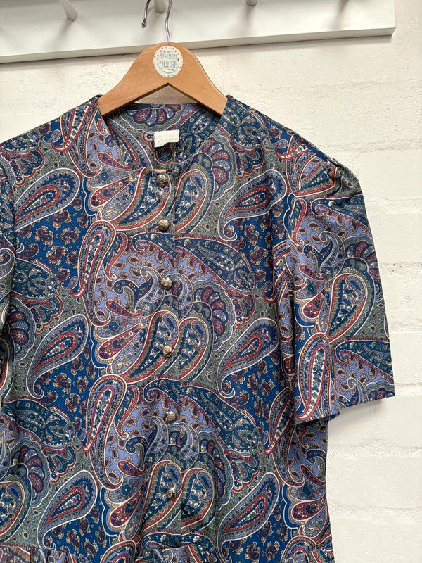 Vintage Dress 16 18 Purple Blue Paisley Pattern Shirt Midi Retro Dark Academia True