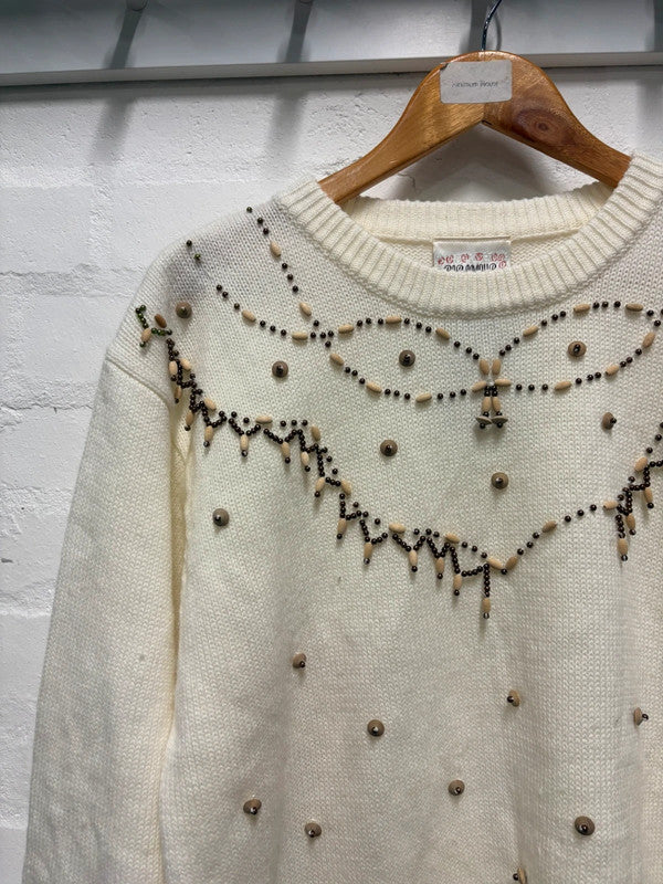Vintage 80’s Jumper Cream Beaded 14 16 L Aran Style Cottagecore Retro True