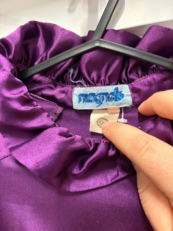 Vintage Blouse 10 12 Purple Satin Ruffle Shoulders True Retro Dramatic