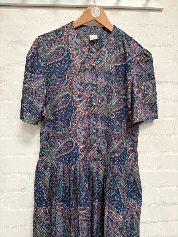 Vintage Dress 16 18 Purple Blue Paisley Pattern Shirt Midi Retro Dark Academia True