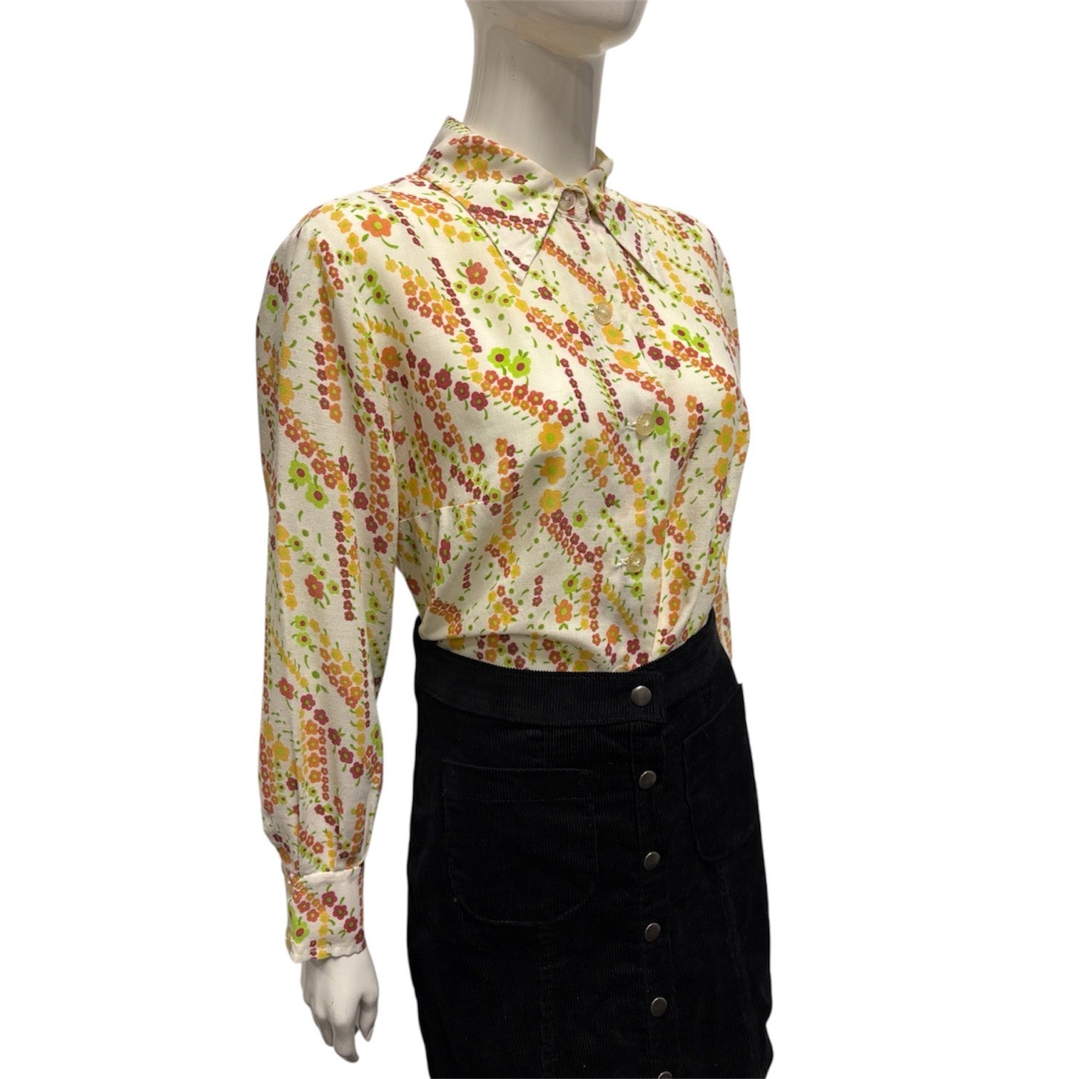 Vintage 70's Print Blouse Shirt Sharp Pointy Collar 12 14 Floral Mod True Cream