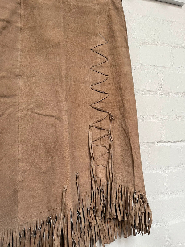 Vintage Suede Skirt 10 Cowgirl Tan Beige Fringed Tassels