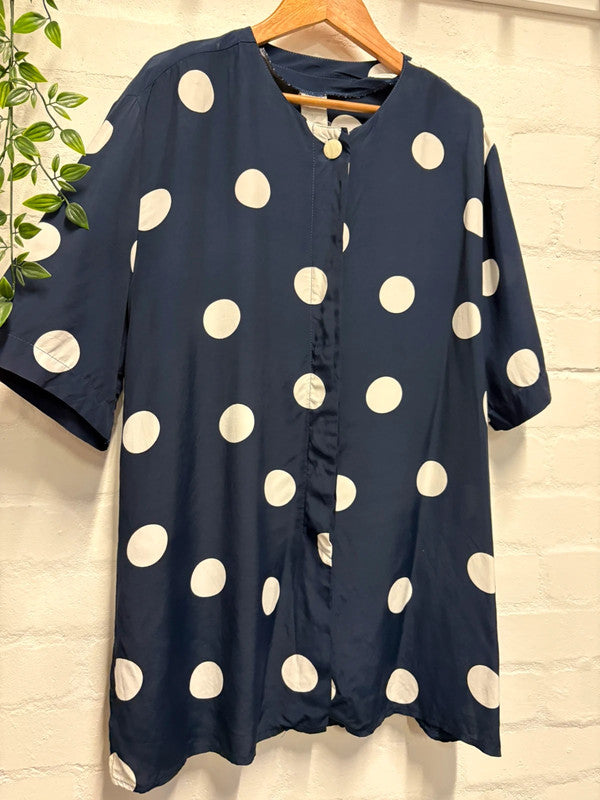 Polka Dot Blouse L XL 16 18 Retro 80’s Vintage Navy White