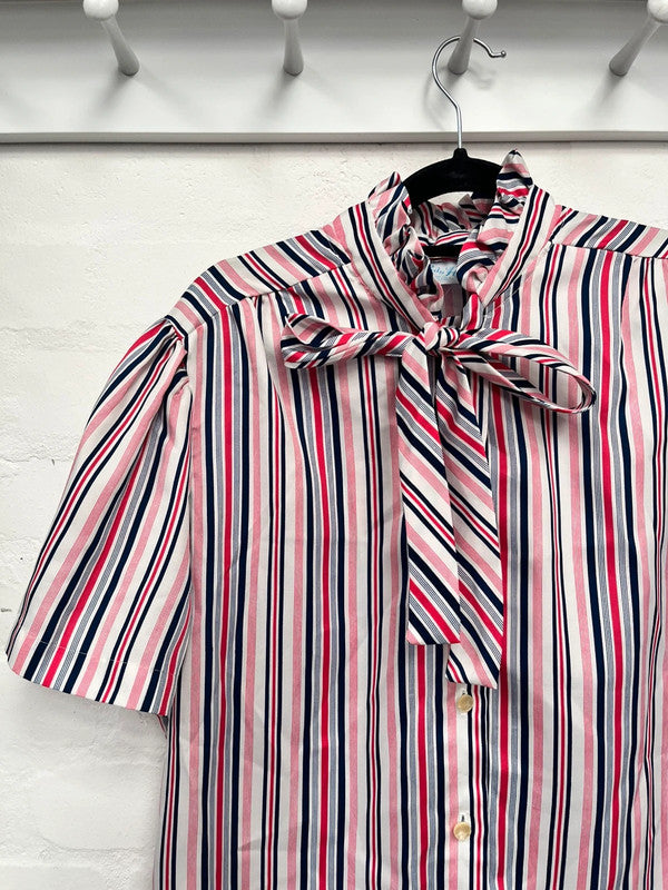 Vintage Pussy Bow Blouse 12 14 Stripe Red White Blue 70’s 80’s