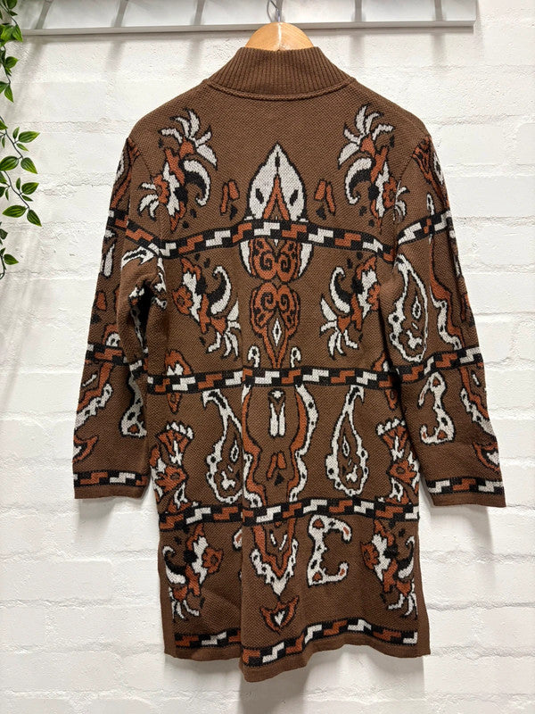 Vintage 80's Brown Patterned Long Cardigan 14 16 Wool Blend