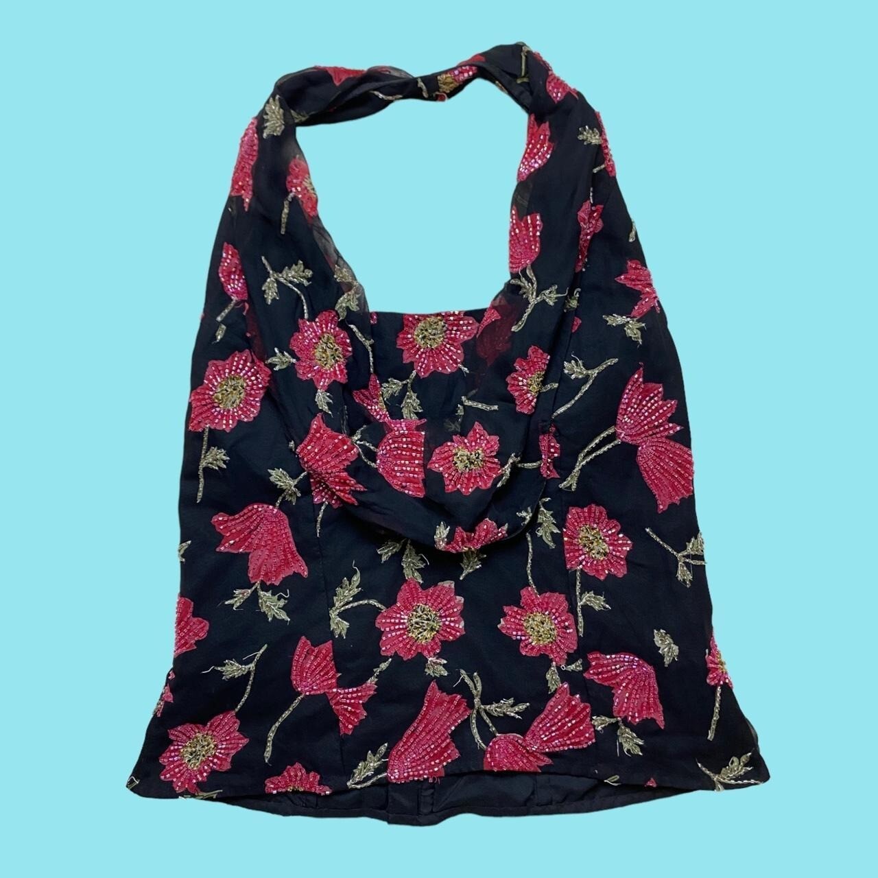 Vintage 90's 50's Style Black Pink Floral Sequin Top L/XL 14-16 Halterneck