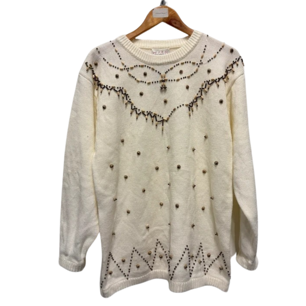 Vintage 80’s Jumper Cream Beaded 14 16 L Aran Style Cottagecore Retro True