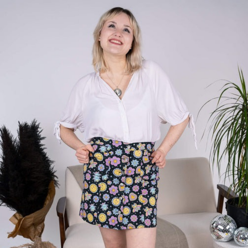 Bee Happy Print Button Front Skirt by Run and Fly