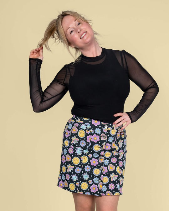 Bee Happy Print Button Front Skirt by Run and Fly