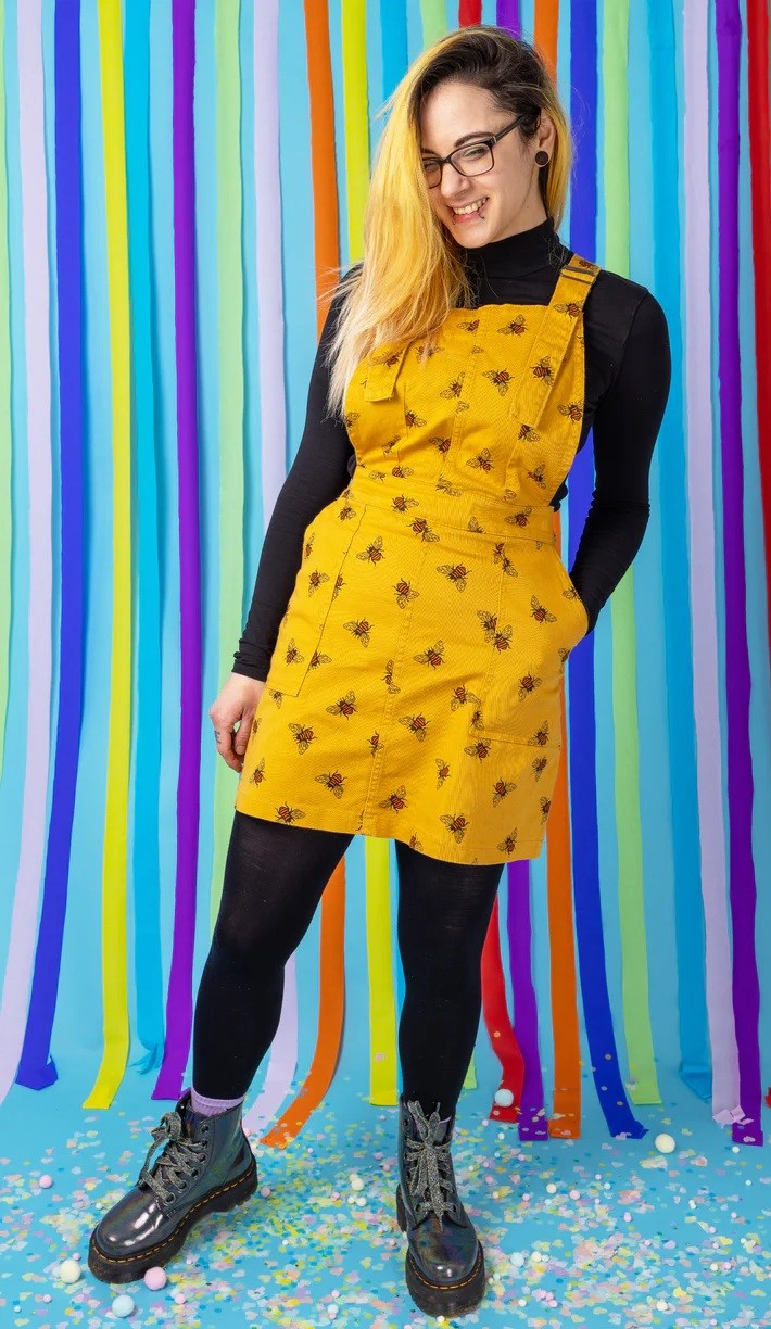Bee Print Cotton Twill Dungaree Pinafore Dress by Run and Fly in Gold
