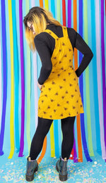 Bee Print Cotton Twill Dungaree Pinafore Dress by Run and Fly in Gold