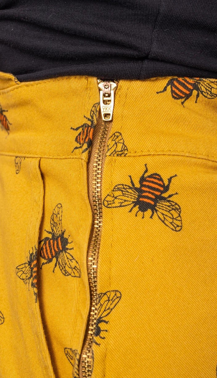 Bee Print Cotton Twill Dungaree Pinafore Dress by Run and Fly in Gold