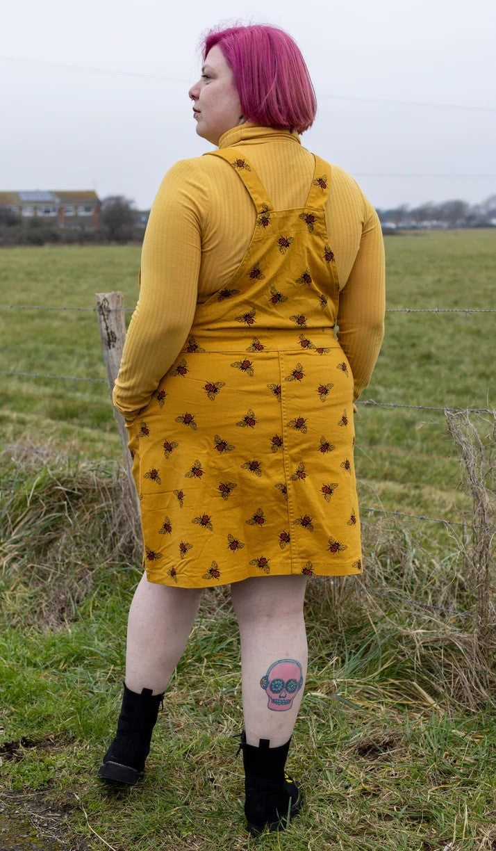 Bee Print Cotton Twill Dungaree Pinafore Dress by Run and Fly in Gold