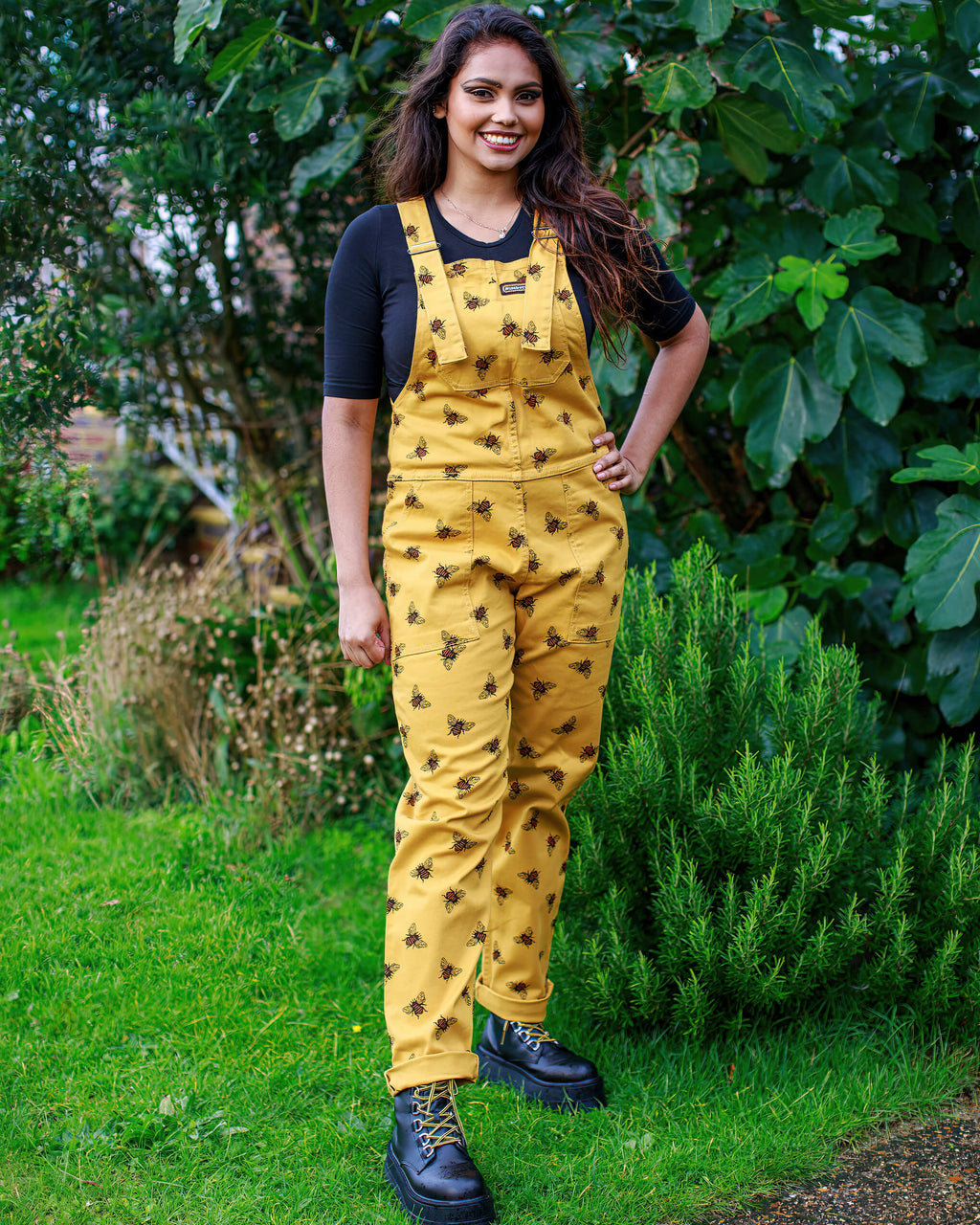 Gold Bee Print Dungarees in Twill Cotton by Run and Fly