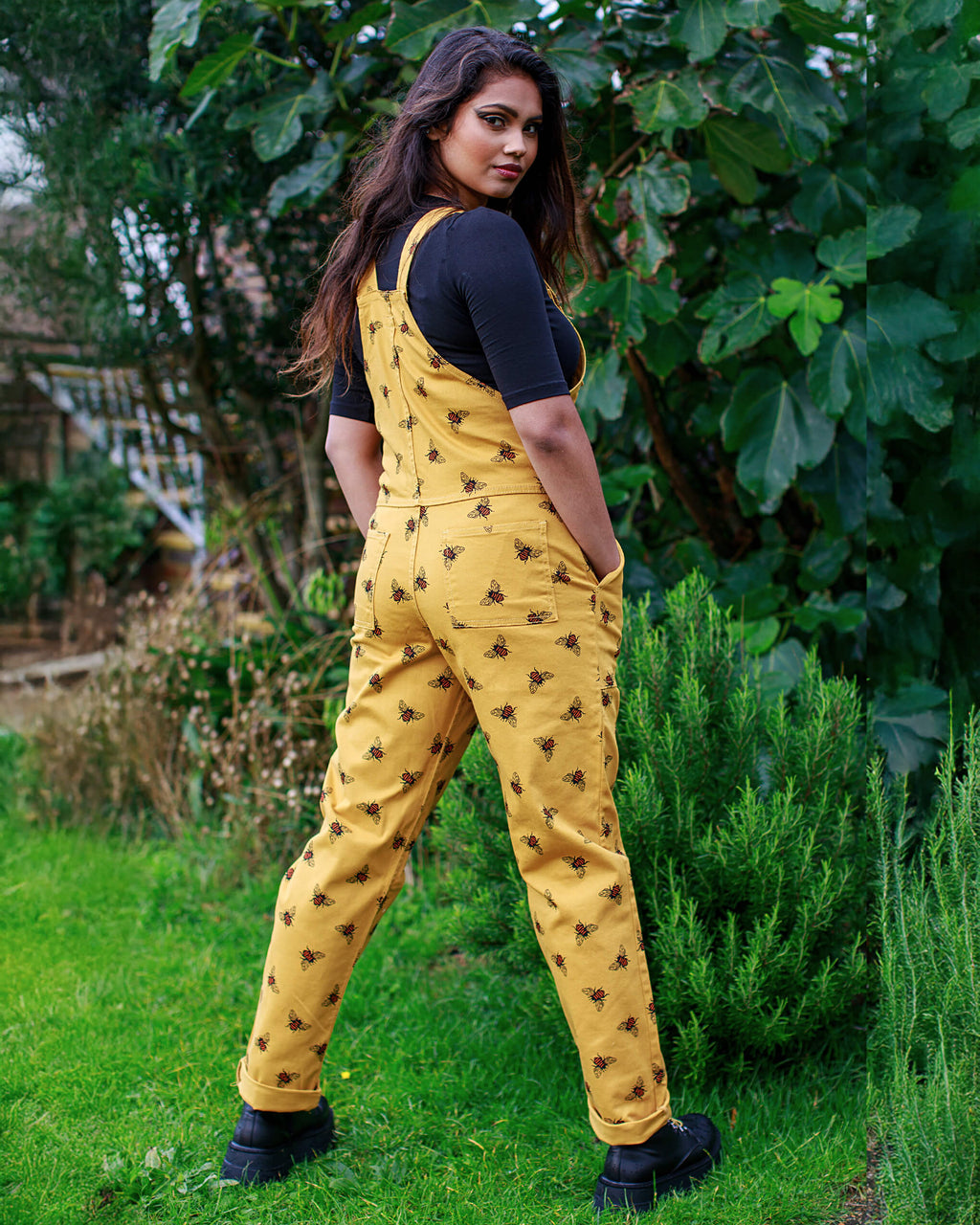 Gold Bee Print Dungarees in Twill Cotton by Run and Fly