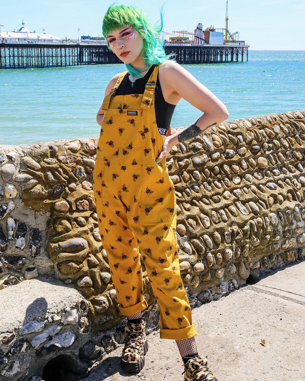 Gold Bee Print Dungarees in Twill Cotton by Run and Fly