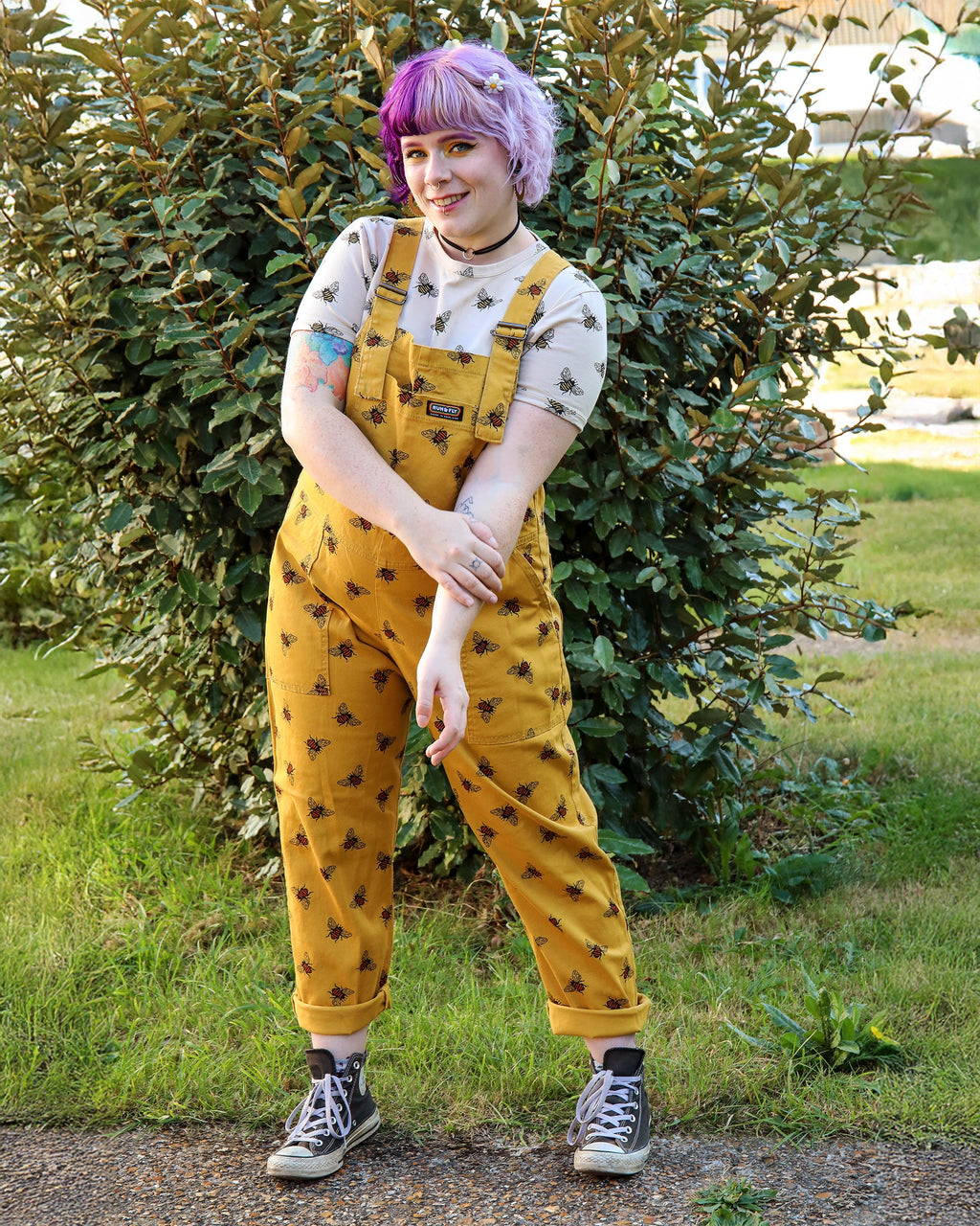 Gold Bee Print Dungarees in Twill Cotton by Run and Fly